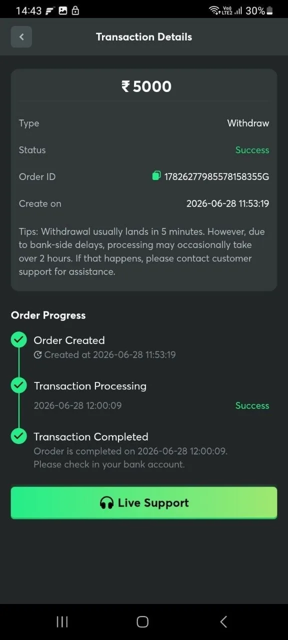 Withdrawal Success for 5000 rupees